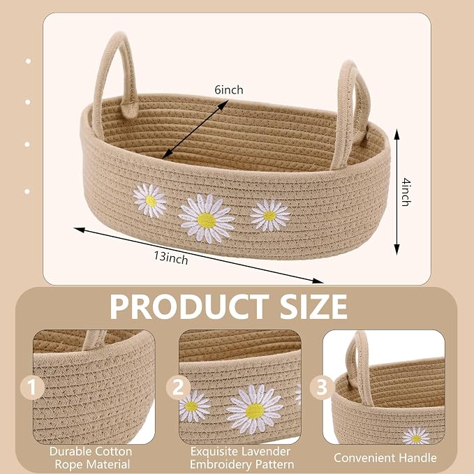 Vesici Daisy Toilet Basket Woven Cotton Rope Bathroom Organizer | Beige Daisy Bathroom Decor, Countertop Organizer with Handle, Nursery Closet Storage, 13 x 6 x 4 Inch