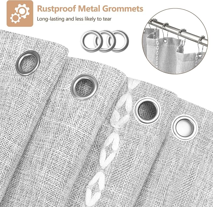 Seenus Boho Chic Shower Curtain Heavyweight with Tassels, Grey Linen Textured Soft Fabric Farmhouse Shower Curtain Water Repellent, 72 x 72 Inch Elegant Gray Striped Bathroom Curtain Wrinkle-Resistant