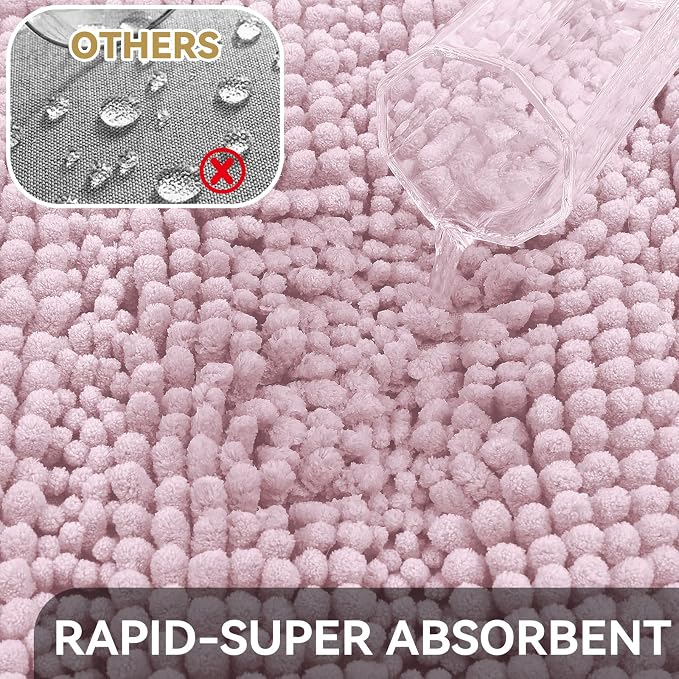 Bcoimo Bath Rug Mat,30x20 Chenille Non Slip Pink Bathroom Floor Shower Mats | Extra Soft Bathroom Rugs;Non Slip with Rubber Backing Bath Mats;High Absorbent And Quick Dry Microfiber mat; Machine Washable