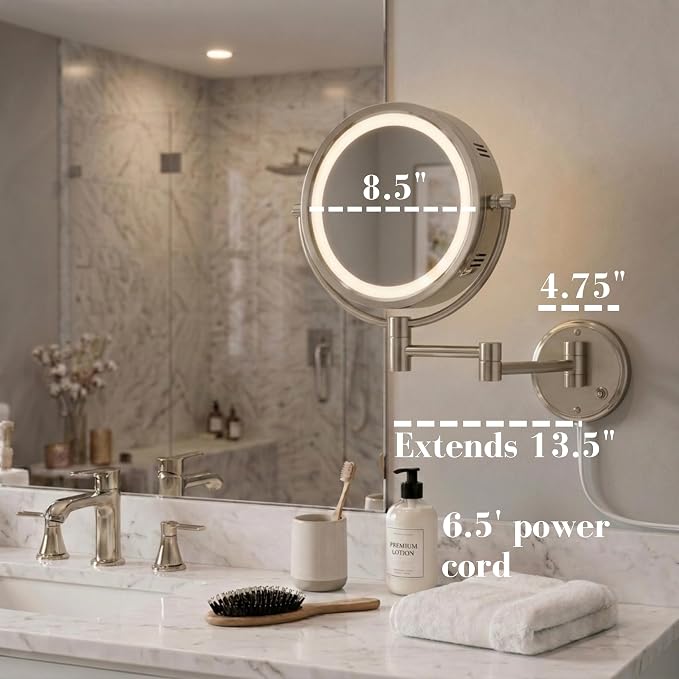JERDON Lighted Wall-Mount Makeup Mirror - 8X - Nickel - HL88NL | 8.5" Round Frame, 13.5" Wall Arm, LED Lighting, Corded Plug-In Power
