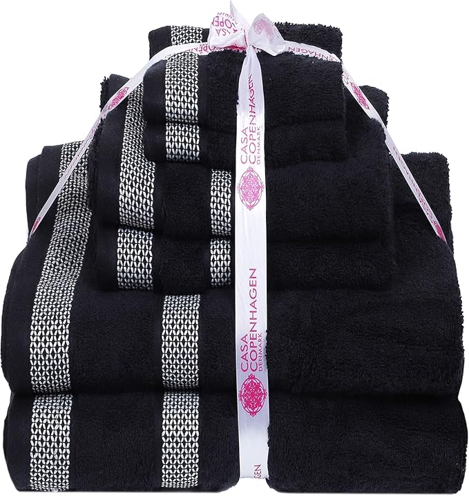 CASA COPENHAGEN Solitaire 6 Pieces Towel Set- Black, 600 GSM 2 Bath Towel 2 Hand Towel 2 Washcloth, Designed in Denmark Made of Soft Egyptian Cotton for Bathroom, Kitchen & Shower
