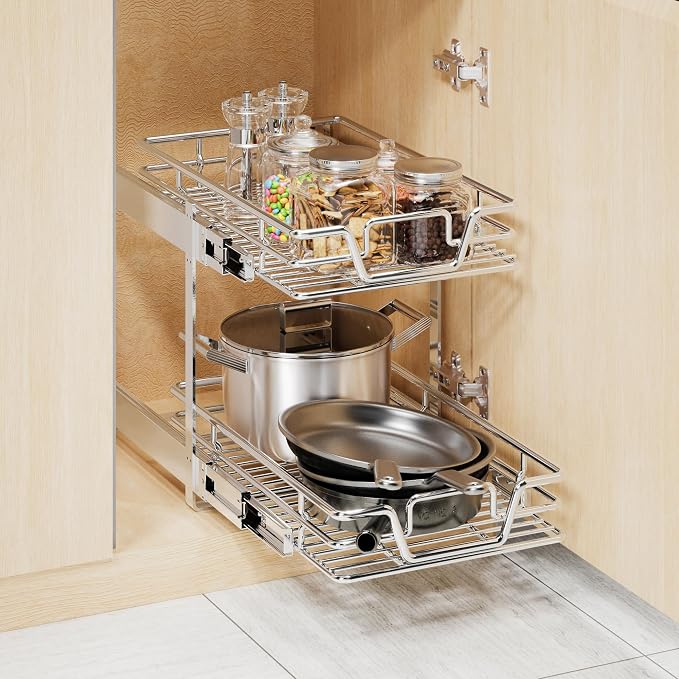 2-Tier Kitchen Cabinet,Pull Out Cabinet Organizer,Shelf and Drawer Organizer Slide Out Pantry Storaqe Basket in Multiple Sizes (12" W x21 D)