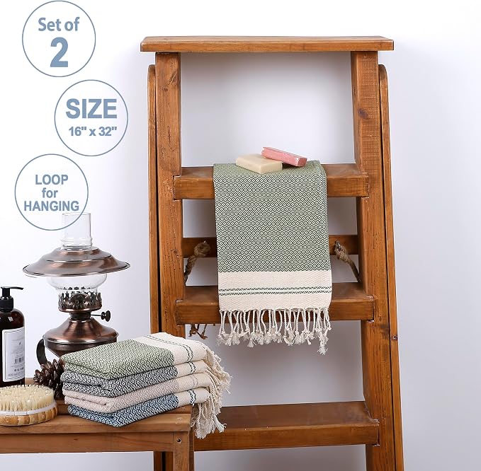 Evelynen Turkish Hand Towels for Bathroom & Kitchen Towels Decorative Set of 2 | Boho Farmhouse Hand Towels with Hanging Loops for Face, Tea, Dish, Kitchen & Bath | (16" x 32" - Khaki)