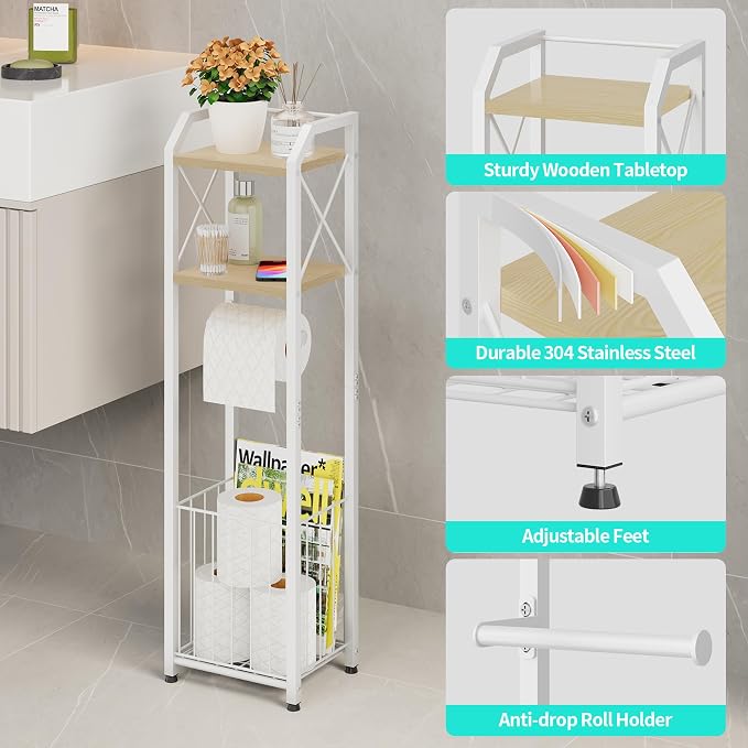 HapiRm Freestanding Toilet Paper Holder - 4-Tier Bathroom Tissue Organizer with Wood Shelves and Large Basket, Toilet Paper Holder Stand for Bathroom, Laundry Room, Apartment - White（Small）