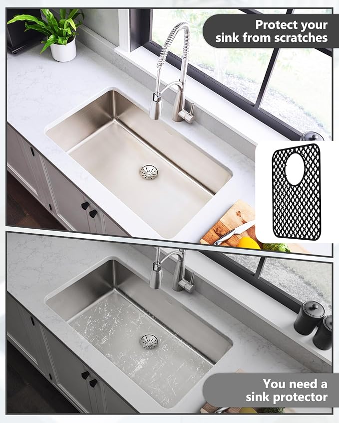 2 Pack Silicone Sink Protectors for Kitchen Sink, Trellis 13x11 Black | Heat-resistant Non-Slip and Durable Silicone Grid Mat, 13-9/16" x 11-5/8" Rear Drain