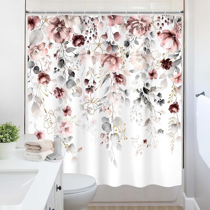 Floral Grey Pink Leaves Girls Watercolor Bathroom Shower Curtain Set | 72"W x 72"L Flower Blossom style, clear shower print, fast-dry fabric and hooks for a simple bath update.
