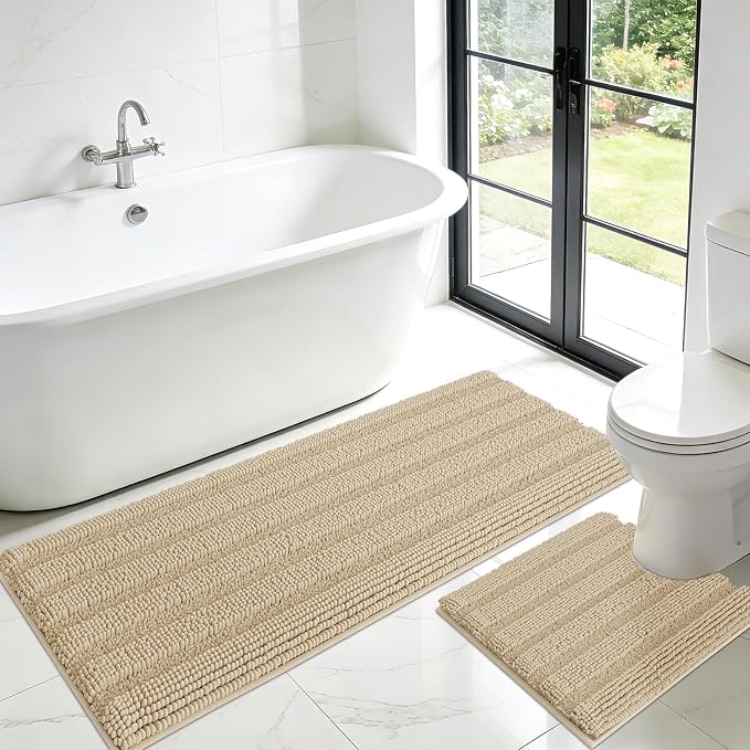 Striped Beige Toilet Bathroom Rug Mat Set 2 piece Rug Ultra Soft, Non Slip Chenille Bath Rugs, Absorbent Plush Shaggy Bath Mats for Bathroom, Bedroom, Kitchen, Shower, Tub