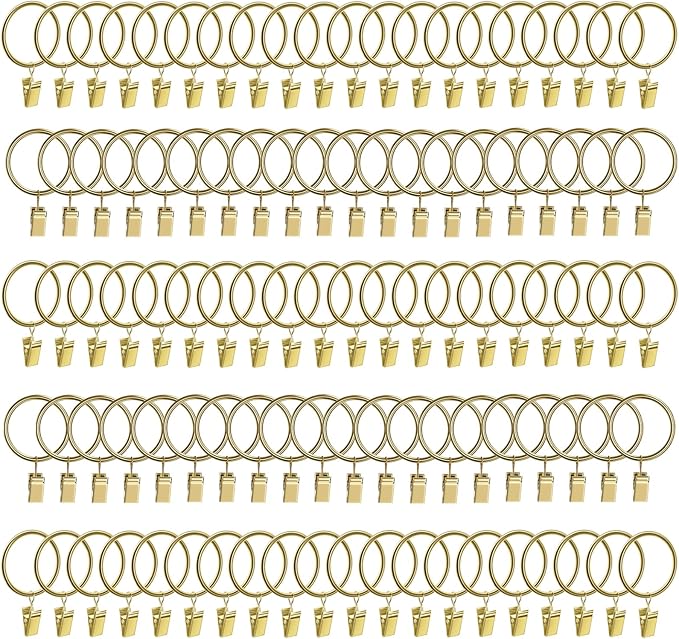 Lansian 100 Pack Curtain Rings with Clips Hooks 1.5 in Diameter Rustproof | Metal Stainless Steel Drapery Rings for Tension Rod Bracket Eyelets Decorative Hanger, Fits 1.38 in Rods, Gold