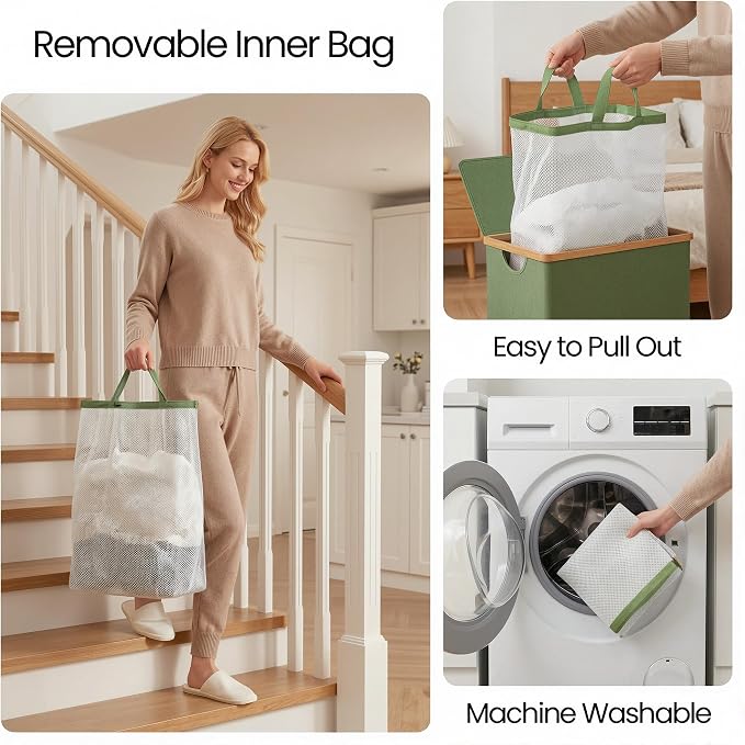 efluky 26 Gal Laundry Basket with Lid and Net Bag, Tall Laundry Hamper with Bamboo Handles, Aesthetic Dirty Clothes Bin for Laundry Room, Bathroom, Bedroom and Dorm, Green