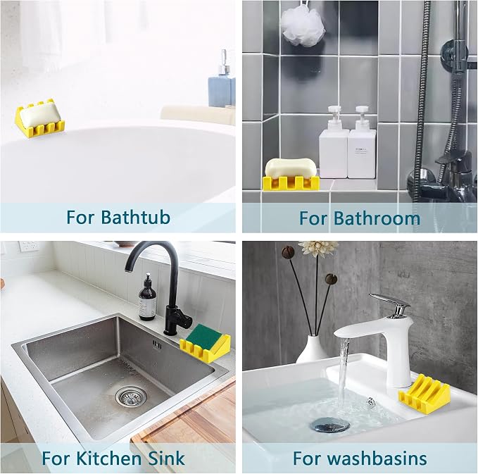 Self Draining Soap Dish Holder,Silicone Soap Dish,for Bathroom,Kitchen, Sponges，Can Extend Soap Life，Keep Soap Bars Dry and Easy Cleaning (Yellow+Sky Blue,2-Pack)