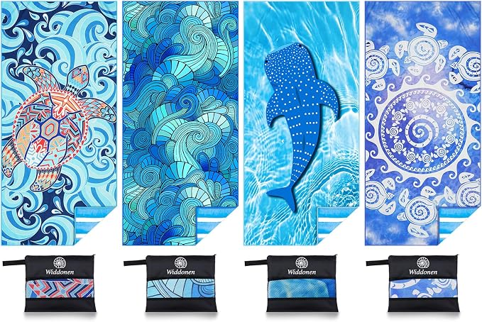 Widdonen Microfiber Beach Towel,Compact 4 Pack-71x32 Inch with Bag Travel | Extra Large,Lightweight,Thin,Sand Free,Quick Dry,Absorbent.Packable for Camping,Swim,Pool,Bath,Picnic,Cruise Essentials Gift