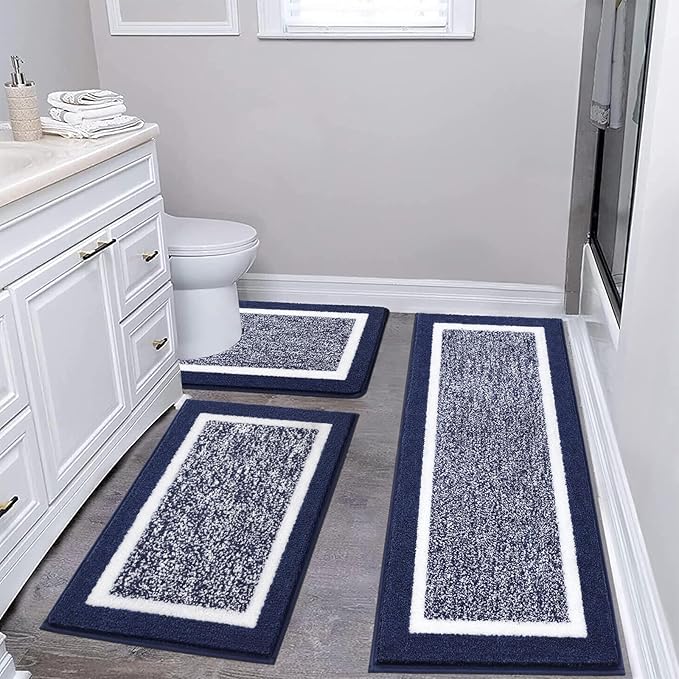 Pauwer Bathroom Rug Sets 3 Piece, Non Slip Washable Bath Mat, Navy | Soft Plush Microfiber, Super Absorbent Floor Carpet, U Shaped Toilet Mats, Quick Dry, Shaggy Shower Rugs Runners