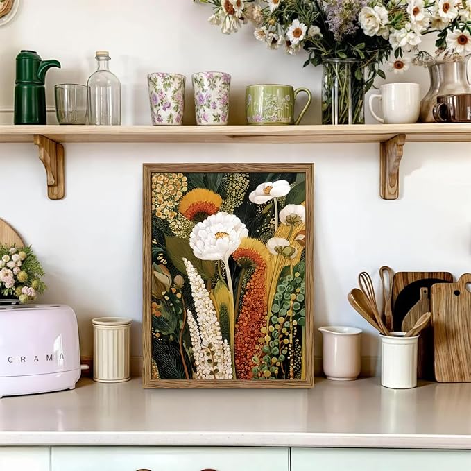 Framed Vintage Botanical Floral Wall Art, Colorful Abstract Flowers Wall Decor Painting, Retro Wildflower Artwork Poster Print Picture for Living Room Bedroom 16x24 Inch