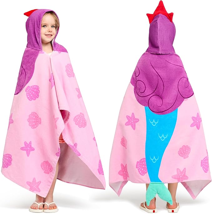 Joiedomi Mermaid Hooded Towel for Kids Soft 100% Cotton Bath Beach Towel 30" x 50" for Kids 3-8 Years Toddler Pool Poncho with Hood Absorbent Swim Wrap for Boys Girls