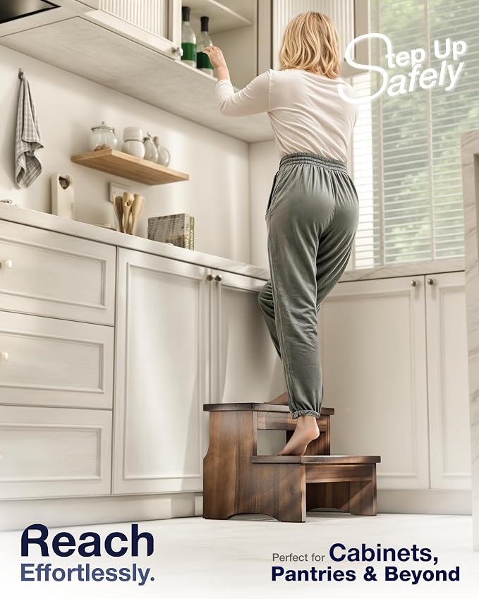 FANATU Wooden Two Step Stool, Heavy Duty 2-Step Ladder for Adults & Kids, Supports up to 450lbs for Kitchen, Bathroom or Bedside Use (Walnut Finish)