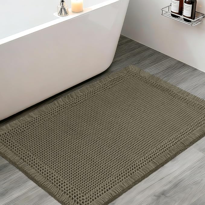 Upgraded Waffle Bath Mat, 32"x20" Greyish Green-Bordered, Super Absorbent Non-Slip Quick Dry Bathroom Rugs with Tassels, Machine Washable Ultra Soft Boho Bath Rugs, Toilet Mats Boho Farmhouse Decor