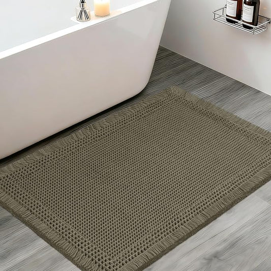 Upgraded Waffle Bath Mat, 36"x24" Greyish Green-Bordered, Super Absorbent Non-Slip Quick Dry Bathroom Rugs with Tassels, Machine Washable Ultra Soft Boho Bath Rugs, Toilet Mats Boho Farmhouse Decor