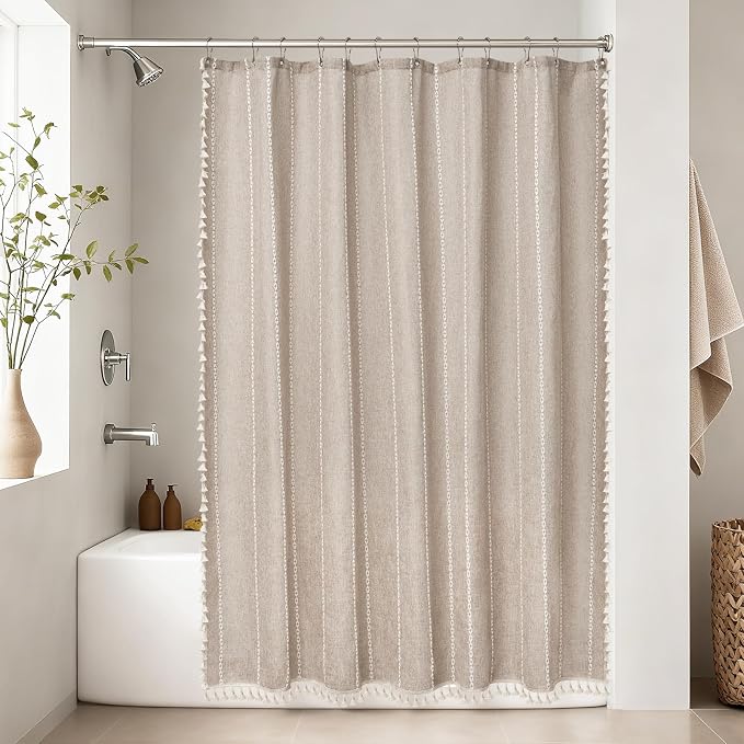 Seenus Boho Farmhouse Shower Curtain Heavyweight with Tassels, 72 x 84 Inch Extra Long Taupe Linen Textured Fabric Shower Curtain for Bathroom, Tan and White Striped Bath Décor Curtain Water Repellent