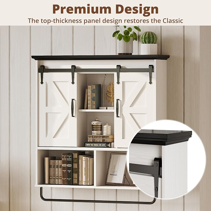 IRONCK Bathroom Wall Cabinet, Farmhouse Medicine Cabinet with Sliding Barn Door and LED Lights, Storage Cabinet Wall Mounted with Adjustable Shelves & Towel Bar for Bathroom, Kitchen, White