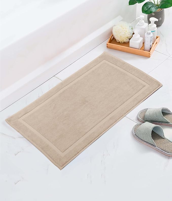 COTTON CRAFT Bath Mats - 2 Pack Step Out Tub Shower Floor Mat -21x30- Linen | Ultra Absorbent Plush 900 GSM Pure Cotton Banded Border Luxury Towel Rug - Not a Bathroom Rug