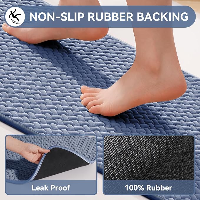 Bathroom Runner Non Slip, Foam Weave Texture Bath Mat, Blue 16x47 | Quick Dry, Rubber Backing, Long Absorbent Washable Bathroom Mats Fit Under Door for Bathroom Floor, Bathtub, Outside Shower