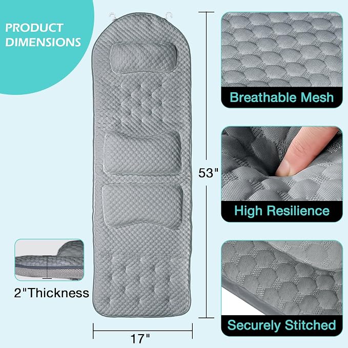 Full Body Bath Pillow for Bathtub, Thick Soft Tub Cushion with Non-Slip Suction Cups Dual Hooks, Luxury Spa Pillow for Neck Back and Hip Support, 53" x 17"