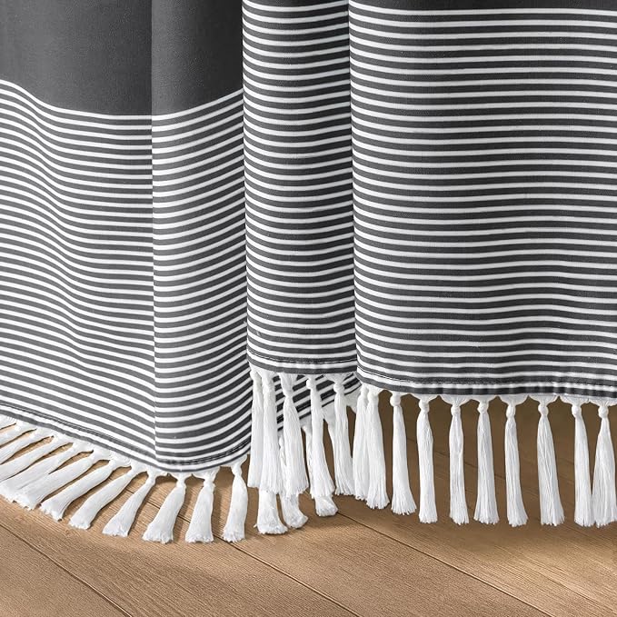Dark Grey Farmhouse Cotton Striped Shower Curtain with Tassel 72"W X 72"L | Boho Farmhouse Shower Curtains for Bathroom with Soft Cotton Feel