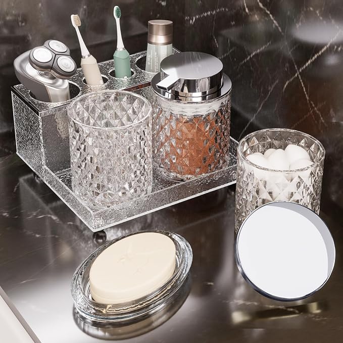 Glass Bathroom Accessories Set 5Pcs Crystal Clear- Foaming Soap Dispenser, Soap Dish, Cup, Acrylic Toothbrush Holder with Tray Organizer, Cotton Swab Jar, Bathroom Counter Set Sink Decor