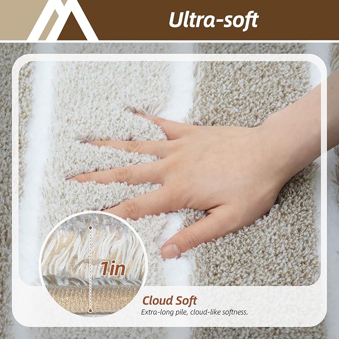 COSY HOMEER Toilet Rugs U-Shaped 24"x20", Ultra Soft Absorbent Bath Mat | Non-Slip TPR Backing, Machine Washable Shaggy Rug for Toilet,Beige & White