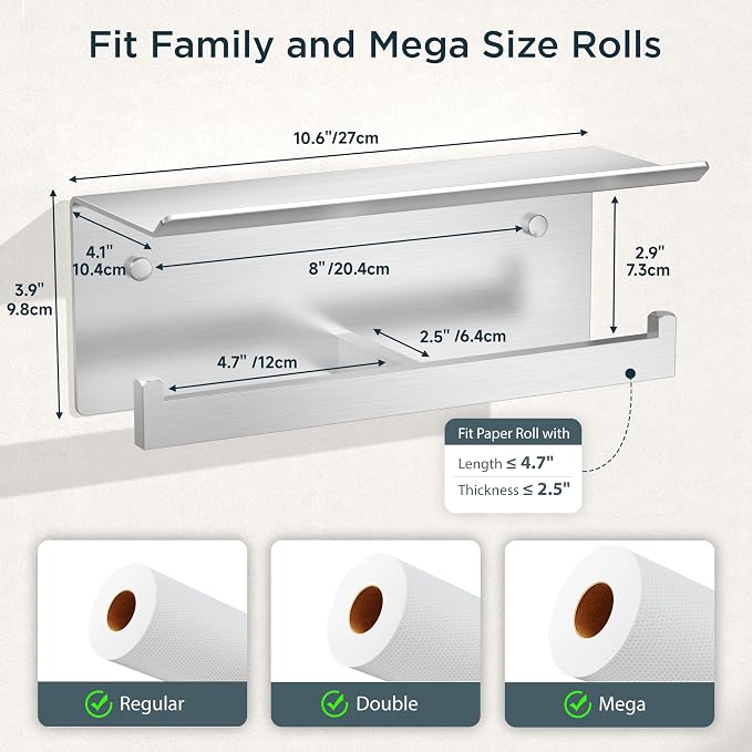 FORIOUS Toilet Paper Holder with Shelf, Commercial Toilet Paper Dispenser | Brushed Nickel 2 Pack | SUS304 Stainless Steel Wall Mount Double Bathroom Tissue Roll Holder for Hotel, Apartments, etc