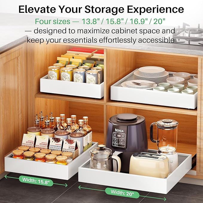 Pull out Cabinet Organizer,21"Deep, 20"Wide Heavy Duty Full-Extension Slide out Drawers Fixed with Nano Adhesive,Roll Out Shelves Sliding Cabinet for Kitchen,Bathroom,Pantry,under sink Storage(White)