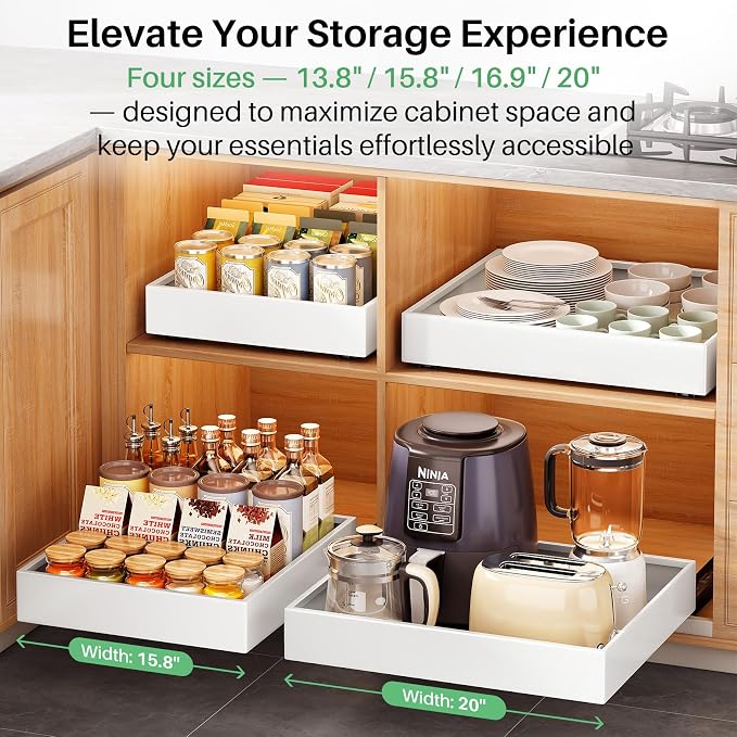 2Pack Pull out Cabinet Organizer, 21"Deep, Heavy Duty Full-extension Slide out Drawers for Kitchen Cabinet, Roll out Shelf Storage with Nano Adhesive for Pots, Bathroom, Pantry, Home, White