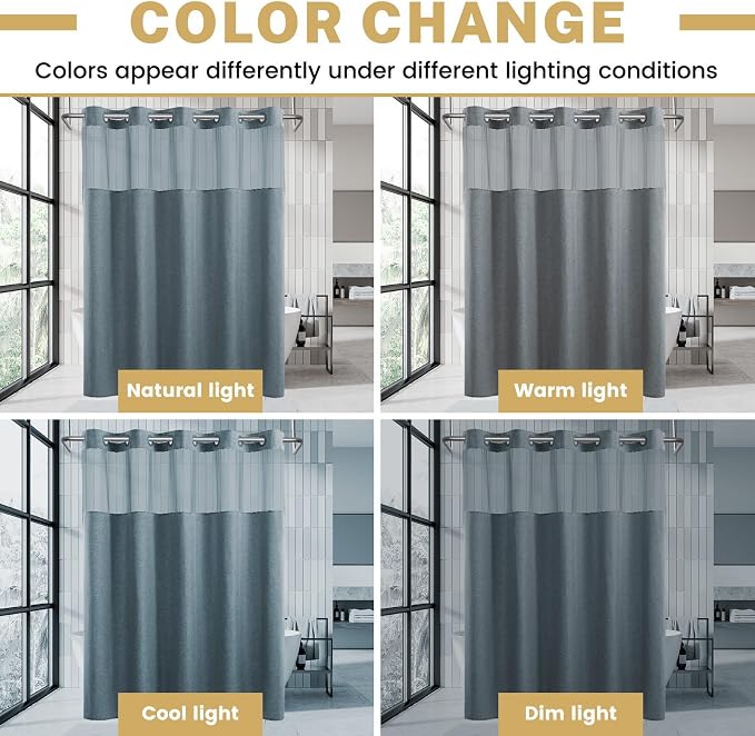 WONICY No Hook Shower Curtain with Liner, Gray Blue, 54 x 80 Inch | Ringless, Waterproof & Washable, Hotel Style, Mesh Top Window, Bottom Magnets, Thick, Farmhouse, for Bathroom