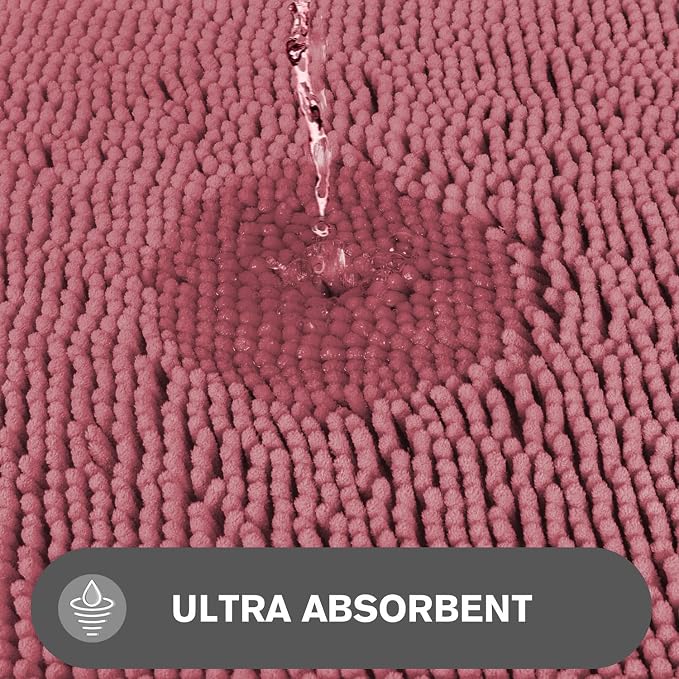 Bathroom Rugs Sets 2 Piece – Absorbent and Washable Bath Mat, Non-Slip, Thick Soft Chenille Bath Rugs for Bathroom Floor, Shower, Sink(17" x 24"+17" x 47", Dusty Rose)