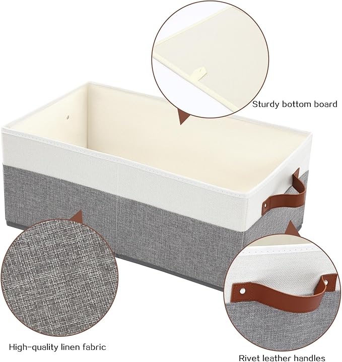 3 Pack Large Capacity Storage Bins Closet Organizer for Shelves | Fabric Closet Storage Baskets Boxes with Leather Handles for Organizing Clothes, Sheets, Jeans, Toys, Books (Grey)
