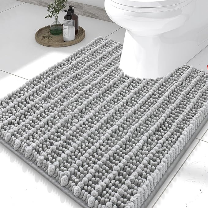Smiry Bathroom Toilet Rugs U Shaped 24X20, Chenille Bath mats for Toilet | Light Grey Extra Soft Absorbent Non Slip Rubber Backing Contour Bath Rugs for Toilet, Machine Washable Contoured Bath Mats