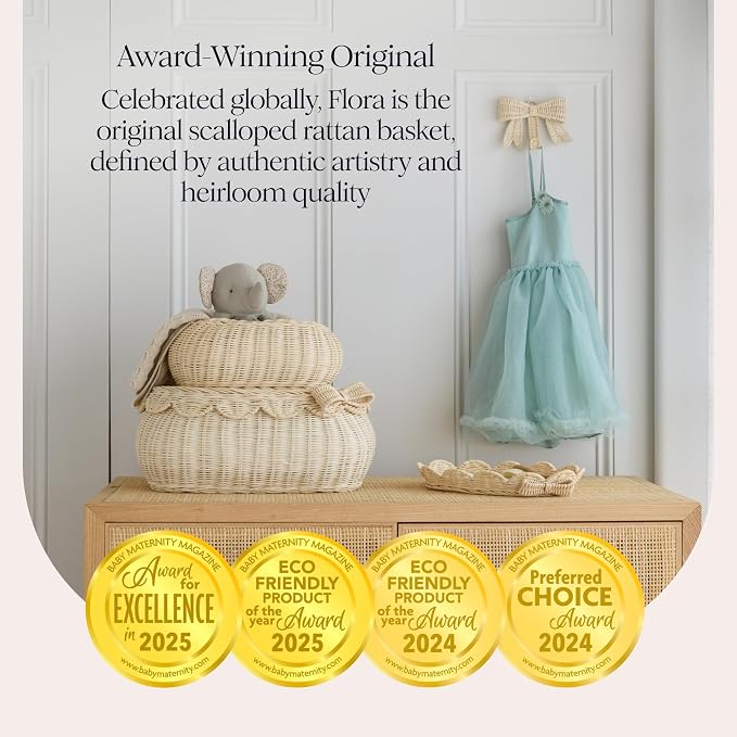 BEBE BASK Original Scalloped Bow Basket with Lid - Set of 2 (15x11x6 In) | Award Winner, Handwoven Rattan, Scalloped Wicker Basket, Woven Baskets for Storage, Nursery Storage, Scallop Basket (Bow)