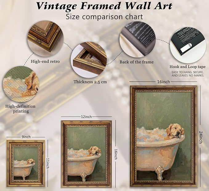 Vintage Gold Framed Funny Dog Bathroom Wall Art, Whimsical Golden Retriever in Bathtub Canvas Print, Cute Animal Bathroom Poster Artwork, Rustic Farmhouse Dog Wall Decor for Restroom Bathroom,9x11in
