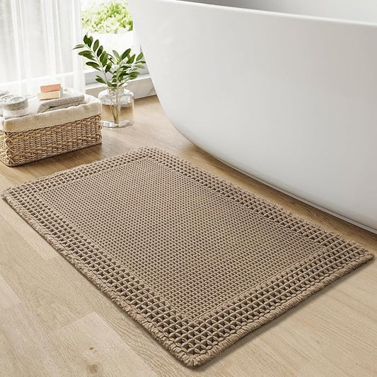 RESARE Waffle Bath Mat for Bathroom, Non Slip Bathroom Rugs 18"x30" Brown | Absorbent Boho Bathroom Floor Mats Machine Washable Quick Dry, Soft Solid Bath Rugs with Tassels, Ideal Farmhouse Home Decor