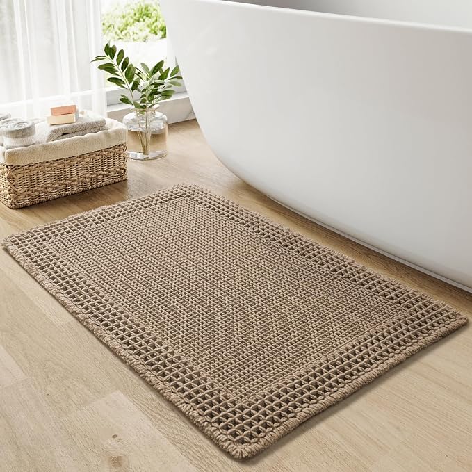 RESARE Waffle Bath Mat for Bathroom, Non Slip Bathroom Rugs 20"x32" Brown | Absorbent Boho Bathroom Floor Mats Machine Washable Quick Dry, Soft Solid Bath Rugs with Tassels, Ideal Farmhouse Home Decor