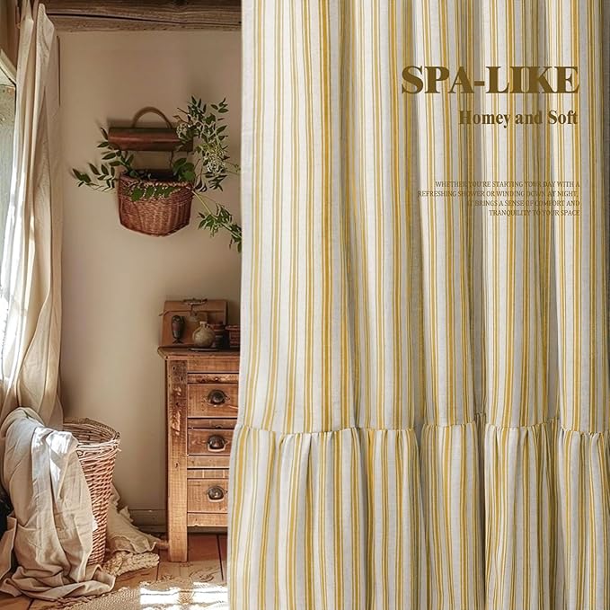Farmhouse Shower Curtain Ruffle Linen Cream-Yellow Stripe 72"W x 78"L | Farmhouse Boho, Striped, Bottom Ruffle, Linen Fabric, Rustic, Country, Natural Look, Washable, for Bathroom Bathtub