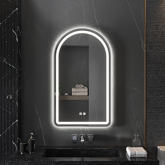 Arched Bathroom Mirror 30"x40", Silver, LED Tempered Glass | arch led bathroom mirror silver wall mounted vanity lighted tempered glass dimmable anti fog metal frame