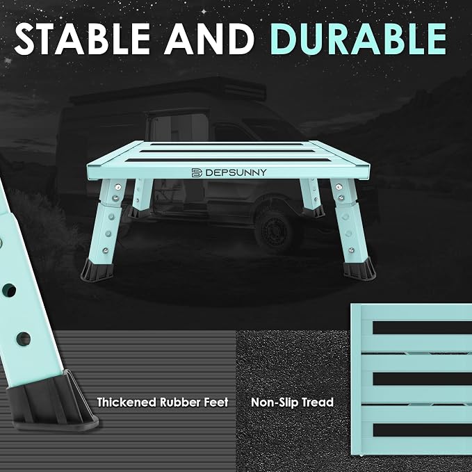 Adjustable RV Step Stool, Wide Platform, Foldable Legs, Green | 3 Height Settings, 1,000-lb Capacity, Aluminum Frame, Non-Slip Rubber Feet, Portable Step for Camper Stairs and Trailers