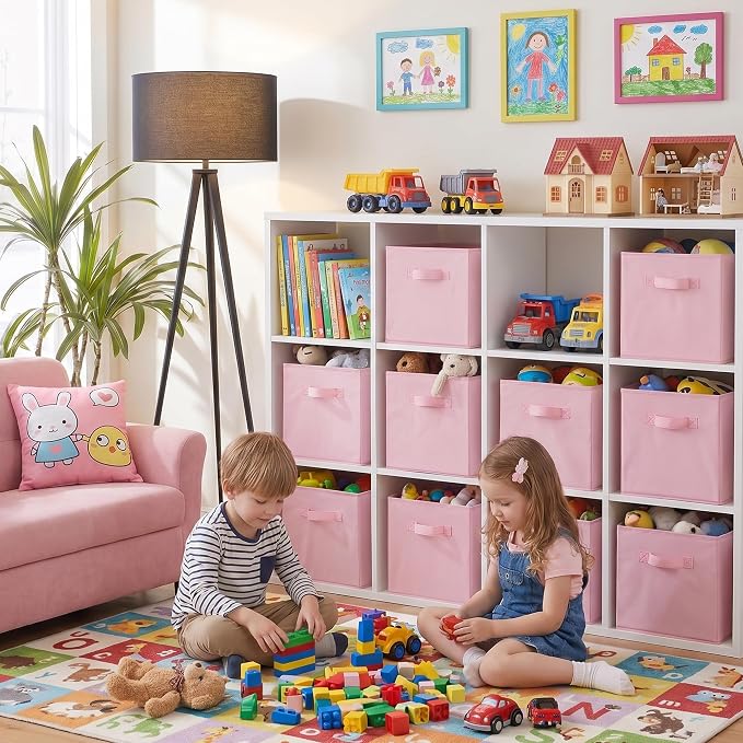 Cupic Cupid 10-Pack 11x11 Collapsible Storage Cubes, Fabric Bins, Pink | Foldable, Reinforced Front Handle, Holds Clothes, Toys, Blankets and More, Fits Closet, Shelves, Nursery, Bedroom