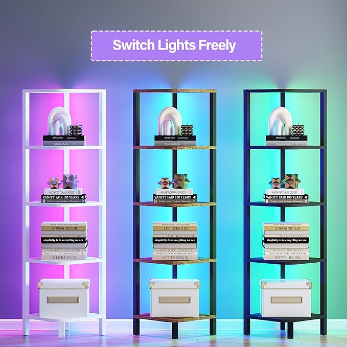 TUTOTAK Corner Shelf with LED Light, 5-Tier Corner Bookshelf | for Small Space, Narrow Display Corner Shelf Stand with Storage Rack, for Living Room, Bedroom, White BS08BW005L