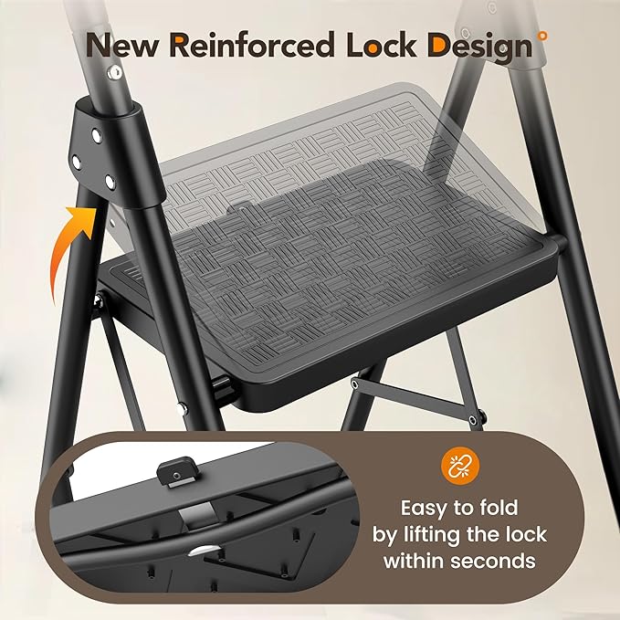 HBTower 3 Step Ladder, Heavy Duty Step Stools for Adults | Step Stool Foldable with Anti-Slip Pedal and Feet, Ladders for Home Kitchen Garage Outdoor, 330 Lbs, Black