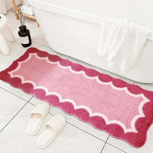 Cute Scalloped Rose Pink Bathroom Rugs Mat,Non Slip Absorbent Quick Dry Bath Mats for Shower Room,Microfiber Bath Mats for Bathroom Floor Washable Carpet for Shower Tub Sink Bedroom,17"x47"