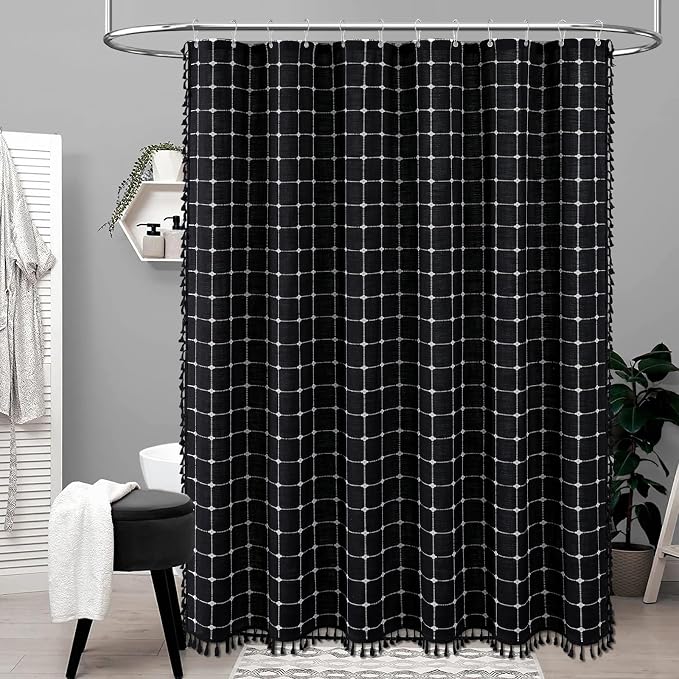 Extra Long Boho Farmhouse Linen Shower Curtain, 72x96, Black and White | Extra Tall Size, 330GSM Linen Blend, 3-side Tassels, Waterproof Fabric, 12 Plastic Hooks, Rustic Bohemian, Machine Washable
