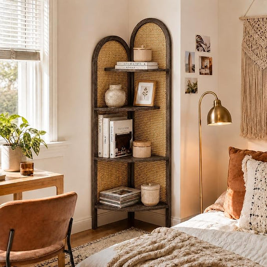 Corner Shelf Stand 4-Tier 70" Tall Corner Shelves Display Shelf | Boho Corner Bookshelf Multi Unit Organizer Rack with Pine Wood and Rattan, for Small Spaces, Living Room, Restaurant, Brown