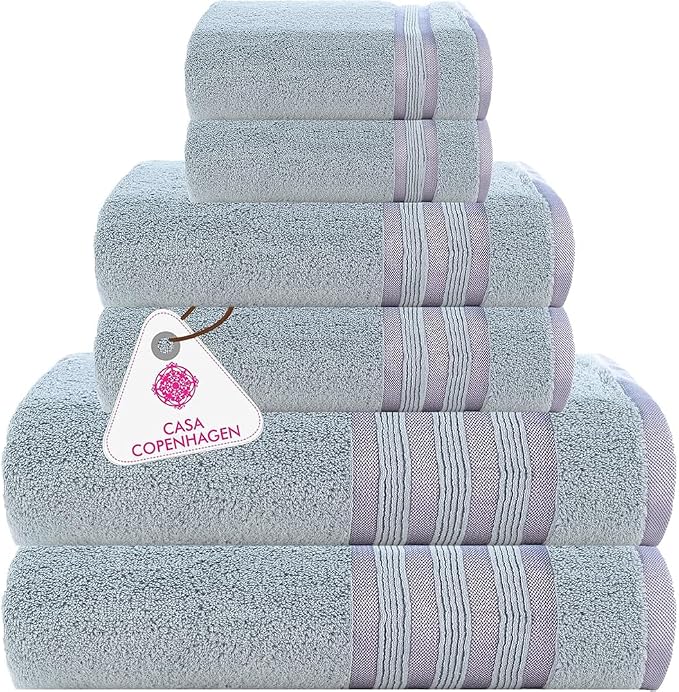CASA COPENHAGEN 6pcs Bathroom Towel Gift Set, 600GSM, Grey Violet | Zero Twist 100% Egyptian cotton,2 Bath Towel , 2 Hand towel , 2 Washcloths Towels. (Gift Set for Women & Men)